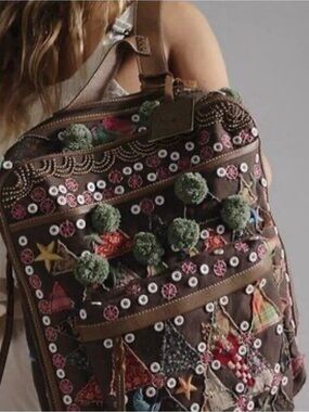 Embroidered Boho Brown Women's Backpack with Pom Pom Accents